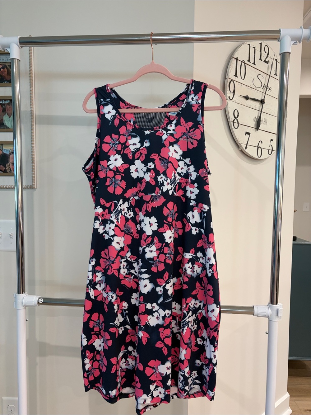 Sleeveless Columbia PFG Navy Midi Dress with Pink & White Floral Print